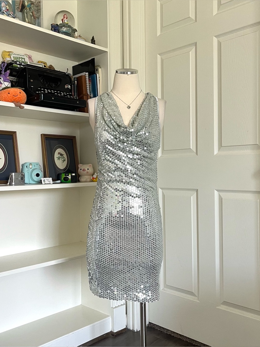 Vero Moda Silver sequin midi dress with cowl neckline design